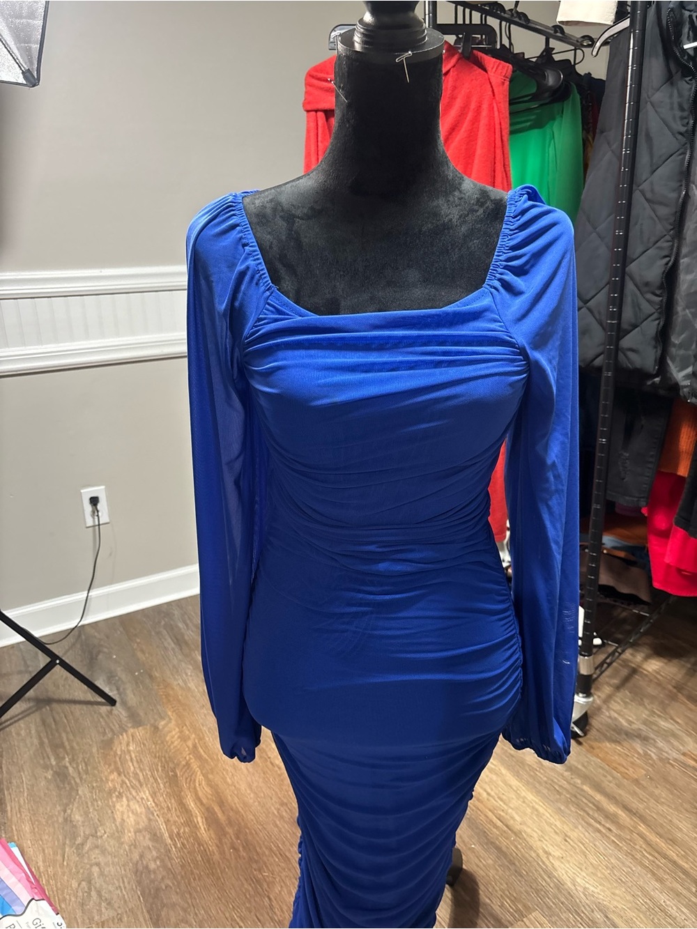Sculpted Cobalt Long-Sleeve Ruched Dress
